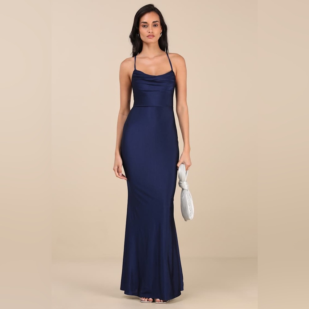 Lulus Cute Definition Navy Slinky Knit Cowl Neck Maxi Dress Size M